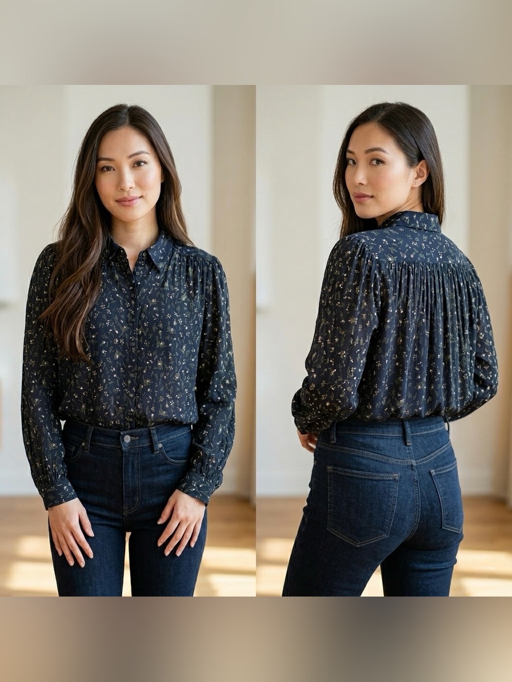 UNIQLO C Clare Waight Keller Floral Sheer Long Sleeve Blouse Top Womens Size M